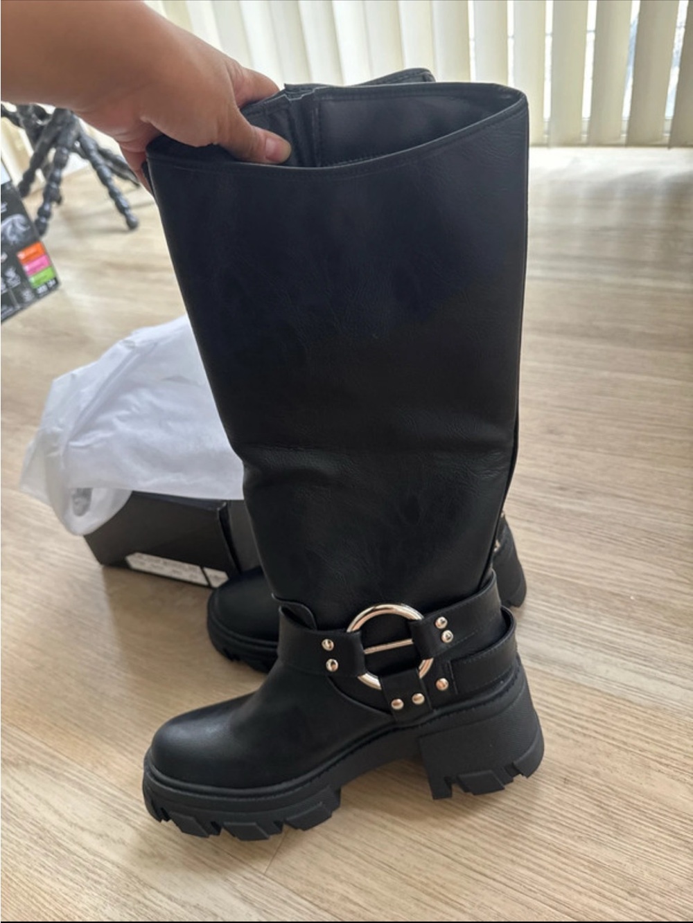 Fashion Nova Black Over-the-Knee Lug Boots with Buckles & Ring Detail - Picture 6 of 9